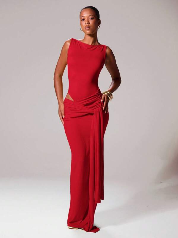 MUSERA Slash Neckline Tie Front Drape Fitted Sleeveless Maxi Dress Ibiza Sexy Vacation Spring Summer Festival Rave Beachwear Romantic Prom Graduation Elegant Birthday Wedding Guest Summer Outfit Valentines Day