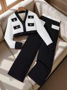 2 pezzi Completo da ragazza con giacca e pantaloni lunghi, elegante e di lusso, in bianco e nero, stile urbano aristocratico