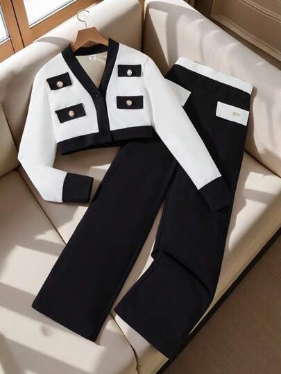 2 st flickor urban elegant pendling aristokratisk lyx svart & vit kontrastjacka och pendlingslångbyxor set