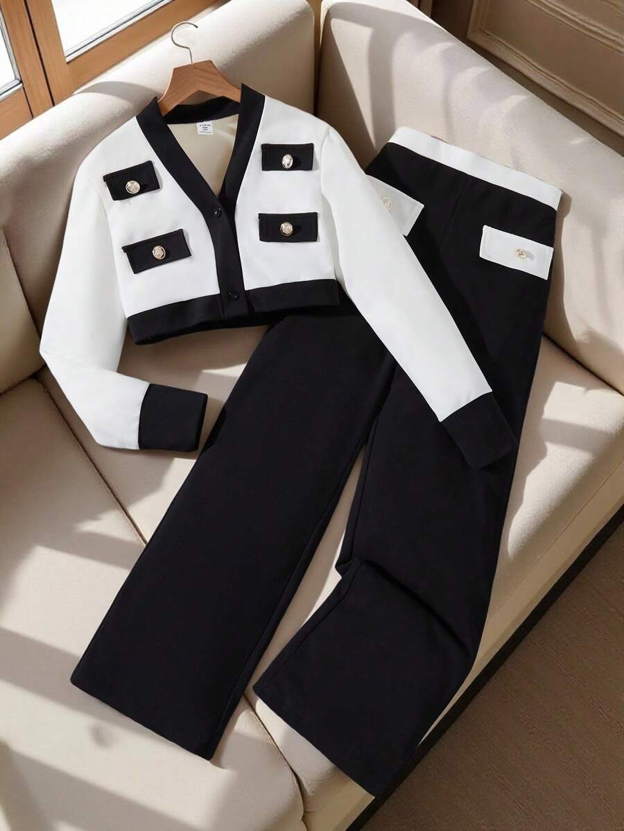 2 pezzi Completo da ragazza con giacca e pantaloni lunghi, elegante e di lusso, in bianco e nero, stile urbano aristocratico