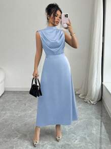 Elenzga 女式春夏优雅绿色立领百褶腰喇叭无袖连衣裙 - 藍色 - 查看 6