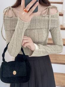 FRIFUL 女式杏色纹理露肩系带肩宽松长袖休闲修身T恤，秋季