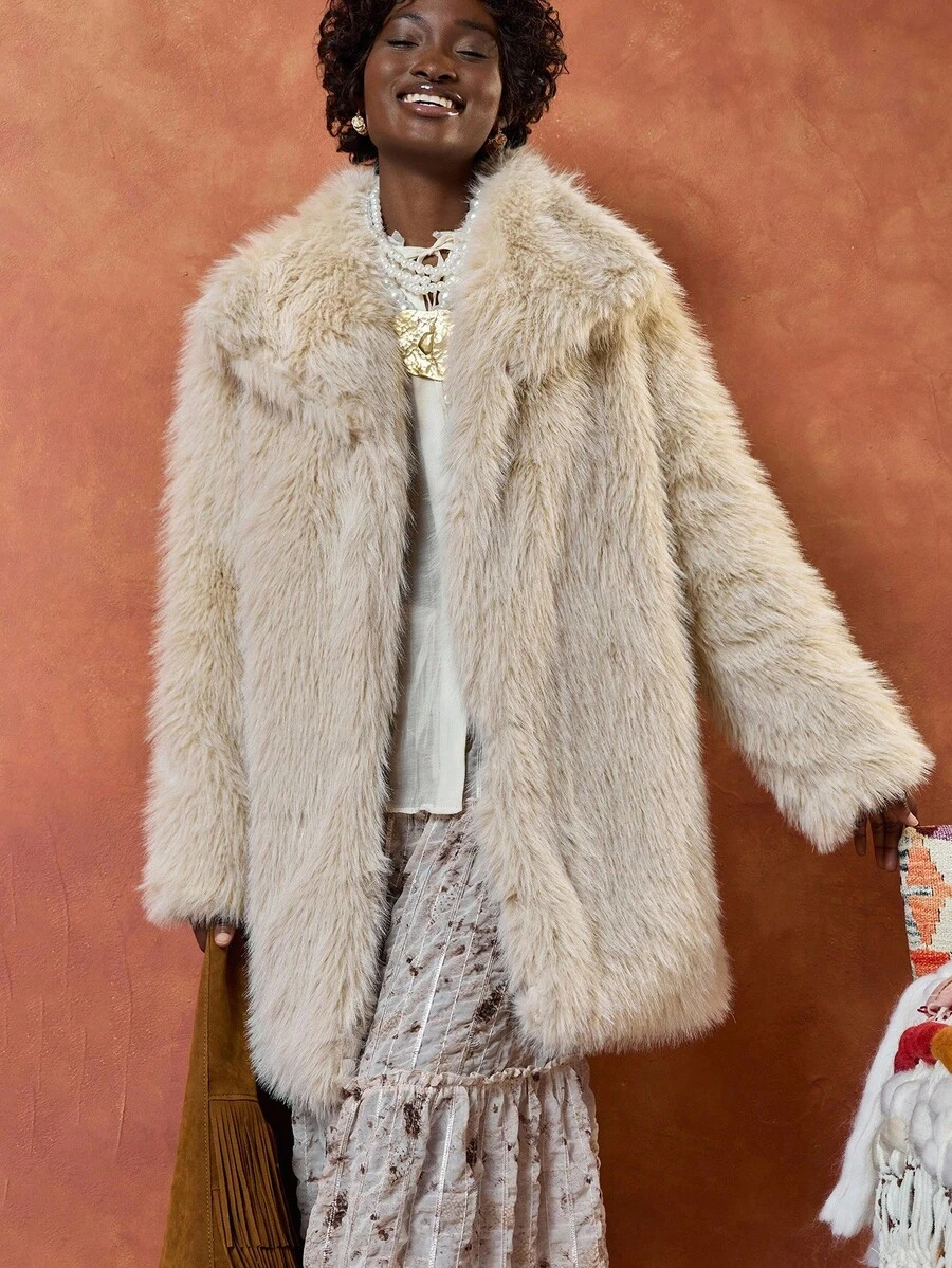 EURMUSE Women's Solid Color Lapel Long Sleeve Loose Faux Fur Jacket - Beige - View 1