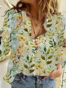 EMERY ROSE 女士时尚印花长袖翻领衬衫、花卉印花衬衫、花卉衬衫、花卉女式衬衫、植物图案衬衫、花卉自然T恤、园艺爱好者衬衫、花卉爱好者衬衫 - 彩色 - 查看 1