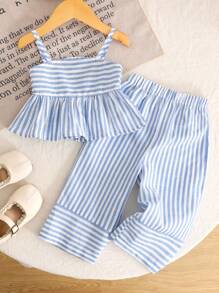 SHEIN Young Girl's Casual Vacation College Commute Street Fashion Camisole Splice A-Line Woven Blue White Striped Top And Matching Splice Wide Leg Pants Set Girls Blue Striped Two Piece Outfit Girls Summer Outfit Blue And White Striped Pants Set Girls Kids Striped Wide Leg Pants Outfit