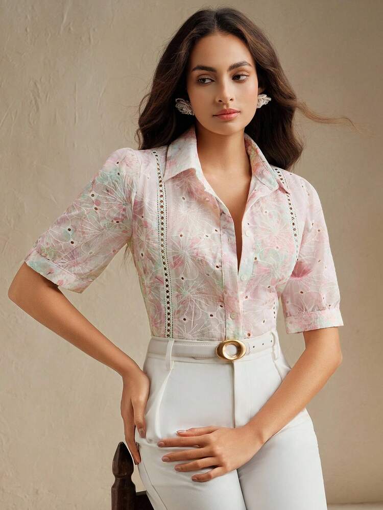 Elegant Fashion Embroidered Puff Sleeve Blouse For Women, Summer Women Shirt