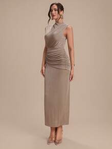 Modelyn Sleeveless High Neck Pleated Versatile Elegant Cocktail Party Dress - Khaki - View 4