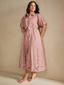 Anewsta Váy tay bồng cổ bẻ phối ren thanh lịch cỡ lớn cho nữ, mùa xuân/hè, hở lưng - Hồng - Xem 7
