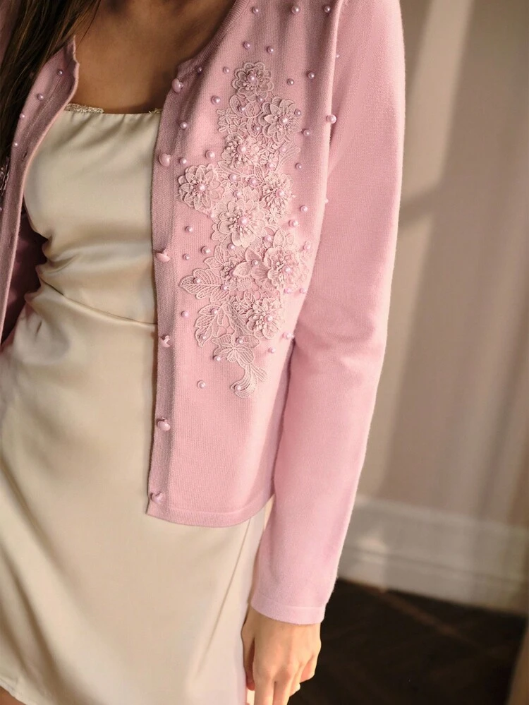 EMBROIDERY & FAUX PEARL DETAIL CARDIGAN KNIT PULLOVER FALL WINTER SWEATER