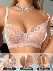 SHEIN 1 Áo ngực có gọng viền ren màu trơn dành cho nữ - Màu be - Xem 4