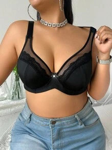 SHEIN 1pc Plus Size Lace Patchwork Underwire Bra, Lift - Black - View 8