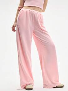 Eassivo Eassivo 女士休闲宽松阔腿纯色运动裤 - 粉色 - 查看 4