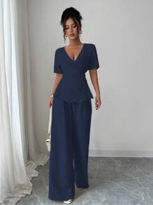 Elenzga Bộ 2 món áo cánh tay ngắn buộc dây cổ chữ V chéo kiểu Pháp màu kem vải lanh dành cho nữ ngày 4 tháng 7 và quần ống rộng cạp cao dáng rộng, thoải mái và tôn dáng, phong cách đồng quê Hàn Quốc mới - Màu xanh hải quân - Xem 5