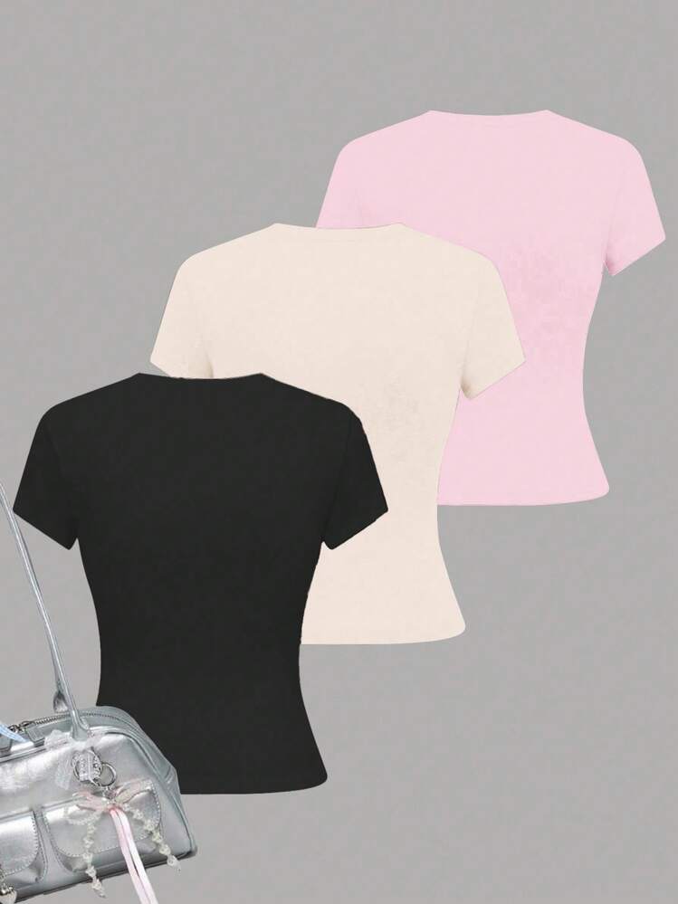 3 件套青少年女孩休闲热带芙蓉、鸡蛋花、海星和贝壳印花紧身圆领短袖高腰短款常规 T 恤，适合夏季 - 彩色 - 查看 2