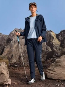 In My Nature 女士休闲纯色简约双口袋连帽户外风衣 - 藏蓝色 - 查看 6