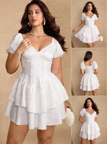 Roveilla 大码优雅彩色花卉印花荷叶边下摆连衣裙，夏季 - 杏色 - 查看 2