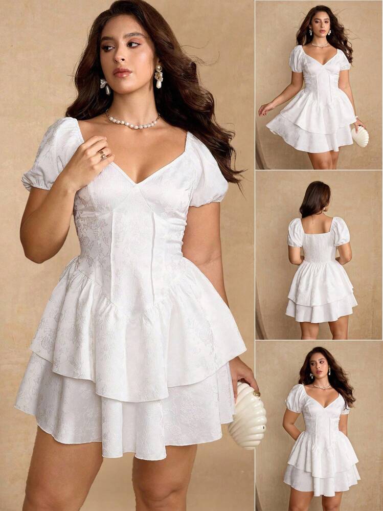 Roveilla 大码优雅彩色花卉印花荷叶边下摆连衣裙，夏季 - 杏色 - 查看 1