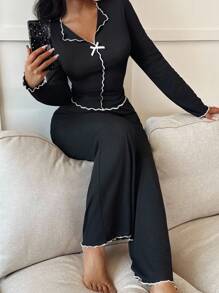 SHEIN Women's Black & White Contrast Trim Slim Fit Long Sleeve Top & Pants Pajama Set, Autumn/Winter, Fall Clothes, Cozy Outfits - Black - View 5