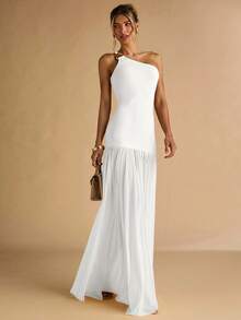 SHEIN BAE 女士杏色不对称肩部金属扣装饰紧身连衣裙，透明下摆，优雅 - 白色 - 查看 3