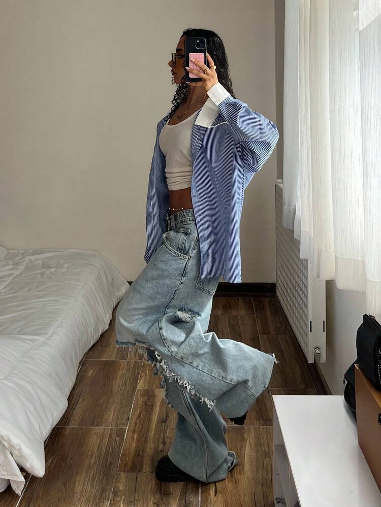 StreetHx 女士落肩长袖宽松休闲百搭条纹拼布衬衫 - 藍色 - 查看 5