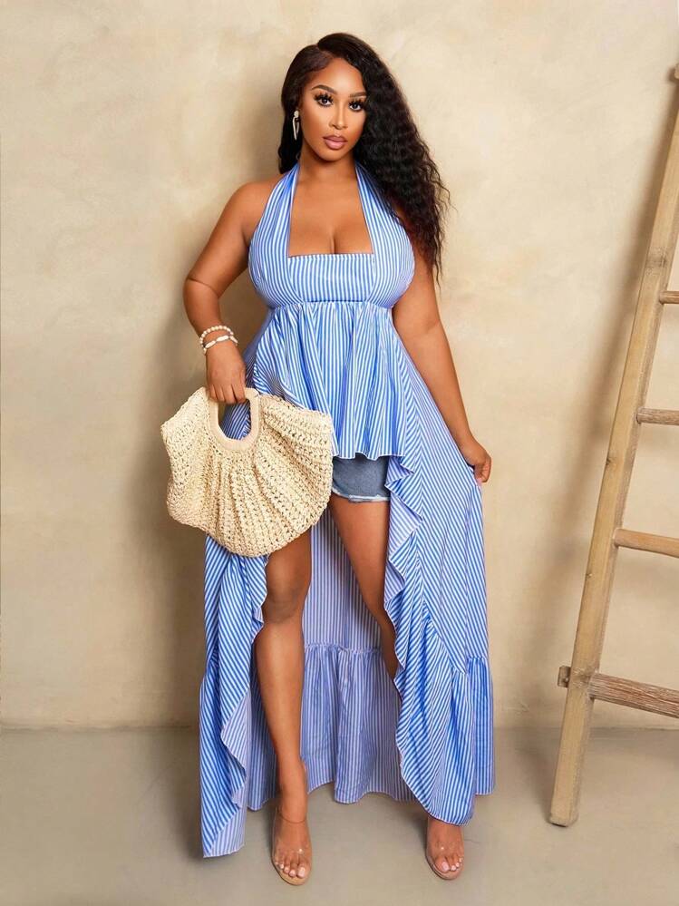 BamGleam SummerHoliday  Women Asymmetrical Hem Sleeveless Ruffle Trim Striped Halter Blouse, Autumn - Blue - View 1