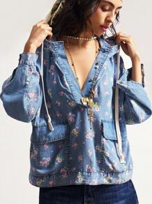 Bohemela 大码休闲复古碎花连帽衫 - 藍色 - 查看 3