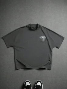 PAVTROS 男士休闲插肩袖T恤，背面饰有字母图案，夏季 - 深灰色 - 查看 3