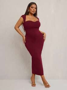 SHEIN SXY 大码女式优雅性感露背 T 领弹力针织修身中长连衣裙，适合婚礼季、浪漫狂欢节、度假、通勤、返校季、毕业典礼、约会、情人节、邮轮装束、单身派对装束、俱乐部、可爱、休闲、购物、街头服饰、外出、易于搭配且看起来苗条，凸显您的身材，修饰身材 - 酒紅色 - 查看 5