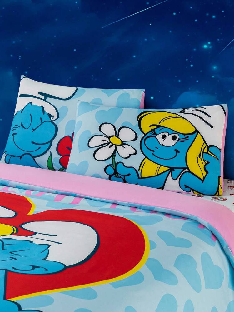 SHEIN X The Smurfs 3pcs Cute Cartoon Heart Graphic Bedding Set,Suitable For Single Bed/Double Bed/Queen Bed/King Bed, Dormitory/Home - Blue - View 8