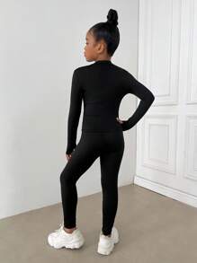 SHEIN 青少年女孩黑色立领拉链针织运动服套装（含紧身裤）、运动套装、运动休闲套装、慢跑套装