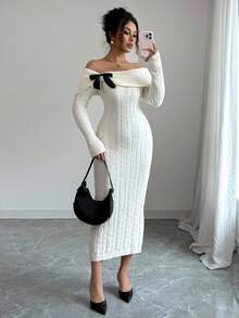 简约休闲蝴蝶结针织连衣裙，优雅气质，春夏女士 - 杏色 - 查看 1