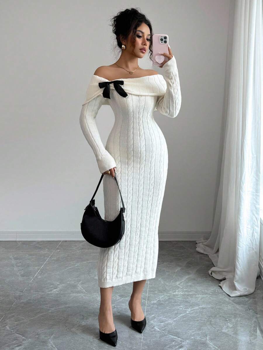 简约休闲蝴蝶结针织连衣裙，优雅气质，春夏女士 - 杏色 - 查看 1