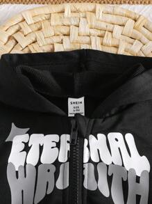 SHEIN Playful Pals 2 件套男婴连帽拉链夹克 + 裤子套装，字母和星星印花，街头休闲运动装，适合秋冬日常穿着 - 黑色 - 查看 5