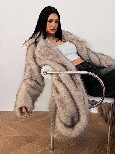 SHEIN Tall Women's Winter Stand Collar Long Sleeve With Pockets Long Elegant Fluffy Coat Long Fur Coat,Fall