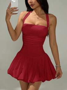 SHEIN PETITE Đầm xòe mini đơn giản hở lưng buộc dây cổ cho nữ màu trơn - Màu Đỏ Sâu - Xem 7