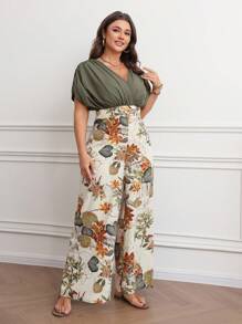 女士时尚休闲优雅花卉印花拼接长款连体裤 - 綠色 - 查看 2