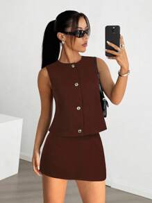 SHEIN EZwear 女士咖啡棕色单排扣背心和裙子休闲两件套 - 咖啡棕 - 查看 5