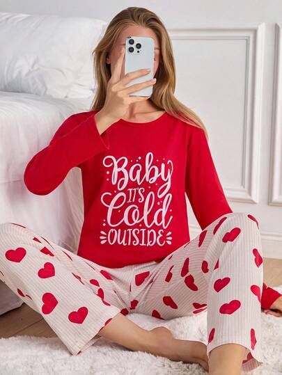 EURMUSE Set pigiama da donna in cotone, composto da 2 pezzi: top a maniche lunghe con slogan a contrasto di colore e pantaloni da notte a righe con motivo a cuore