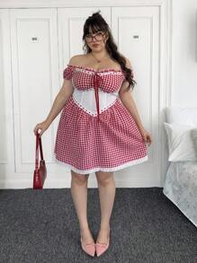 SHEIN EZwear 加大码格子拼接蝴蝶结装饰露肩束腰夏季连衣裙，连衣裙 - 彩色 - 查看 7