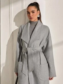CLARA VERO Women's Solid Color, Belted, Long Overcoat - Grey - View 6