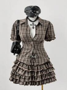 Sweetra Plus Size Women's Puff Sleeve Blouse And Plaid Skirt 2 Pieces Set Plaid Dress Checkered Clothes Gothic Summer Clothes Vintage Clothes  Vintage - Multicolor - View 1