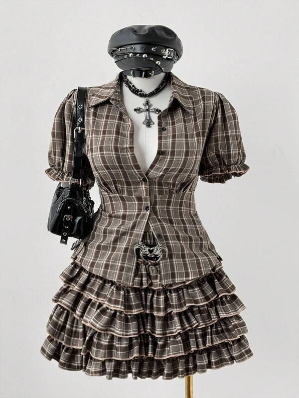 Sweetra Plus Size Women's Puff Sleeve Blouse And Plaid Skirt 2 Pieces Set Plaid Dress Checkered Clothes Gothic Summer Clothes Vintage Clothes  Vintage