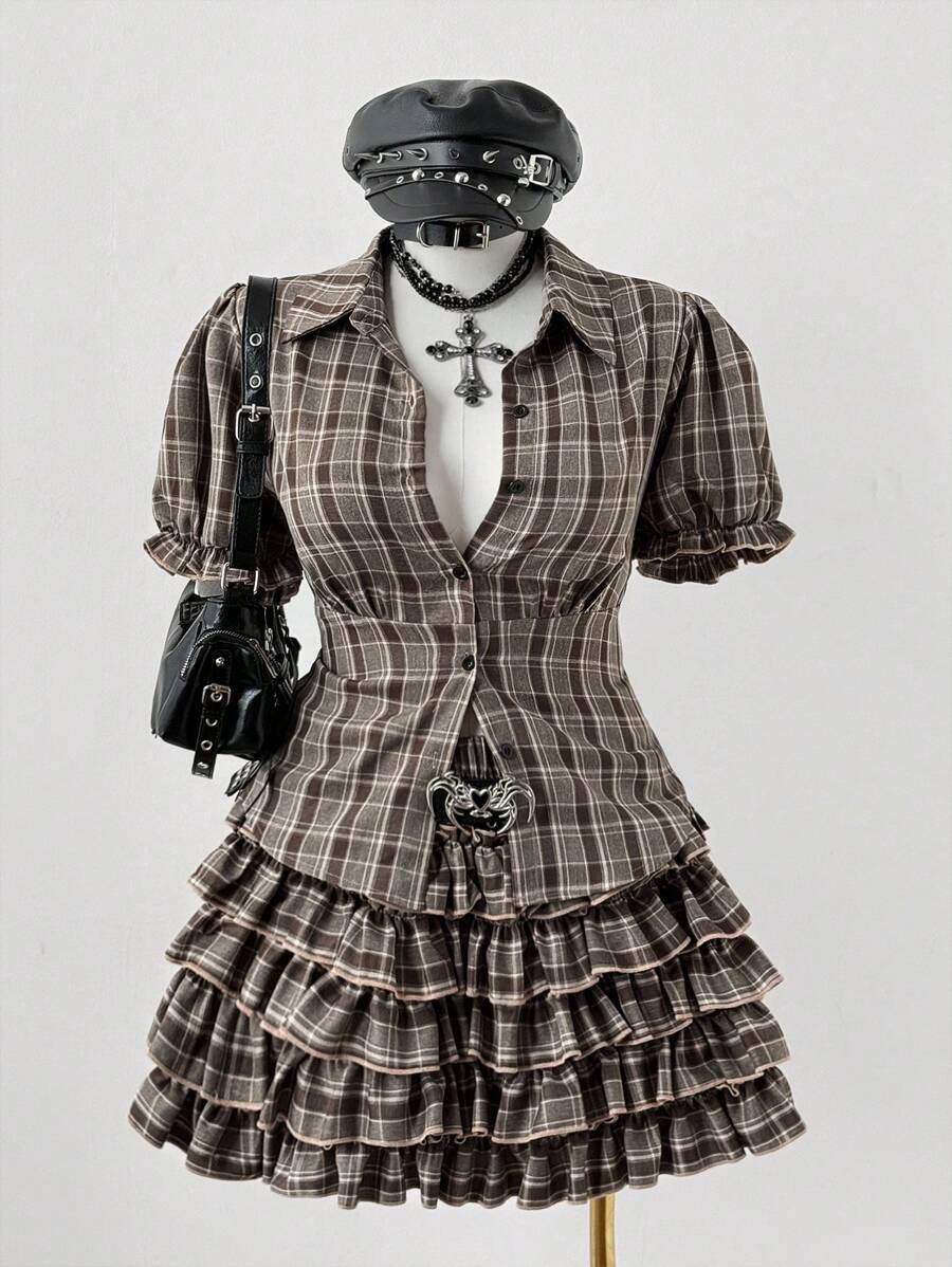 Sweetra Plus Size Women's Puff Sleeve Blouse And Plaid Skirt 2 Pieces Set Plaid Dress Checkered Clothes Gothic Summer Clothes Vintage Clothes  Vintage - Multicolor - View 1