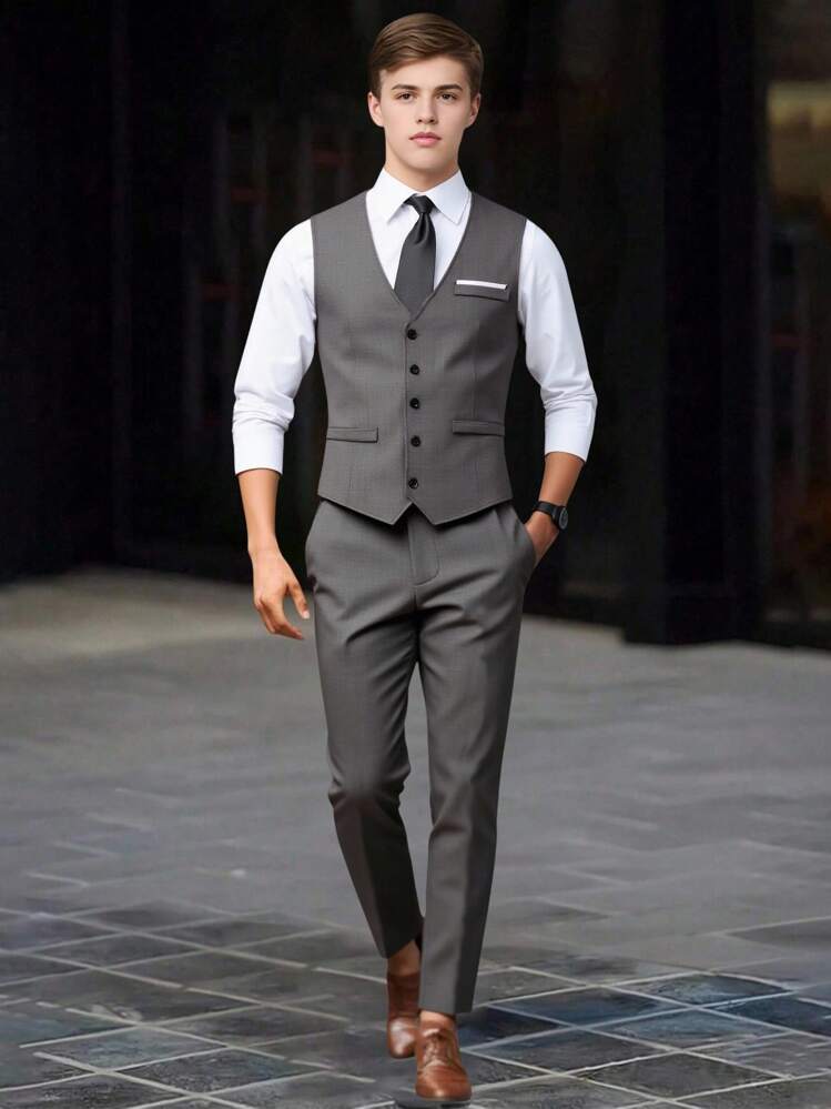 SHEIN Bộ vest nam 2 món cho bé trai tuổi teen, bao gồm áo vest bó có túi ngực màu tương phản và quần dài thời trang, trang phục trang trọng thanh lịch cho sinh nhật, đám cưới, khách dự tiệc cưới, cậu bé hầu bàn, người mang nhẫn - Xám - Xem 6