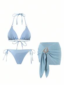 Swim Oasis 全新女式蓝色三角比基尼上衣和网眼迷你裙比基尼套装夏季海滩度假休闲性感装