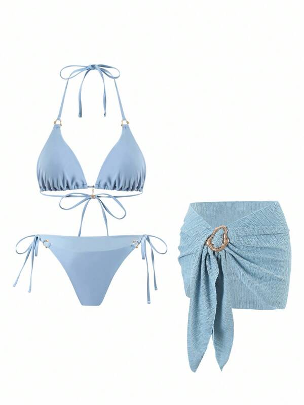 Swim Oasis 全新女式蓝色三角比基尼上衣和网眼迷你裙比基尼套装夏季海滩度假休闲性感装