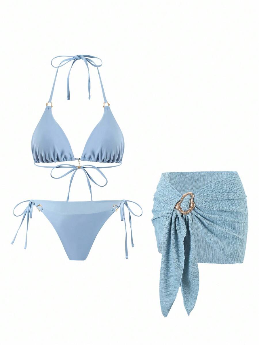 Swim Oasis 全新女式蓝色三角比基尼上衣和网眼迷你裙比基尼套装夏季海滩度假休闲性感装