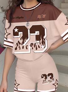 SHEIN Leap Crew Bộ 2 chiếc áo thun tay ngắn dáng rộng thoải mái cho bé gái tuổi teen và quần legging, phù hợp cho mùa hè - Nhiều màu - Xem 5
