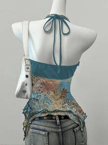 SHEIN EZwear 印花网眼性感吊带系带露背女式衬衫