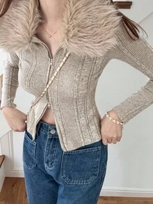 FRIFUL 女式罗纹面料毛绒领拉链休闲修身羊毛 T 恤，百搭街头服饰，秋冬长袖上衣 - 米色 - 查看 4